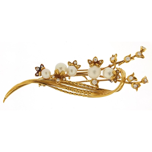 880 - Rene Kern, 18ct gold diamond and cultured pearl floral brooch, housed in a Mappin & Webb box, number... 