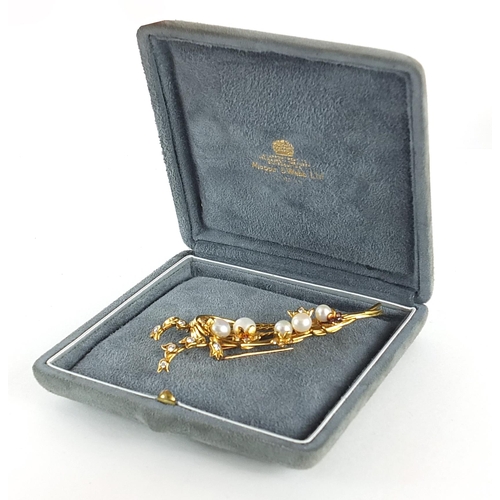 880 - Rene Kern, 18ct gold diamond and cultured pearl floral brooch, housed in a Mappin & Webb box, number... 