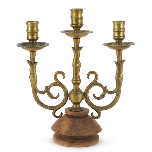 2217 - Venetian style bronzed three branch candelabra, 28cm high