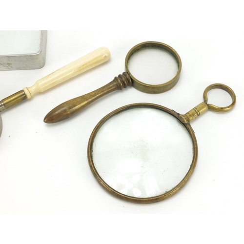 2193 - Five antique and later magnifying glasses including one with bone handle and one impressed Yulo, the... 