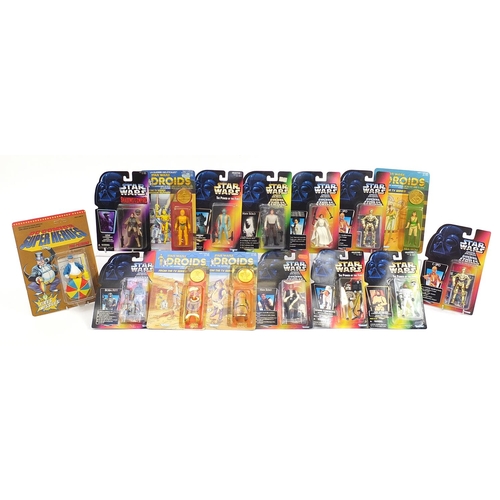 302 - Star Wars and D C Comics action figures housed in sealed blister packs including Droids and The Powe... 
