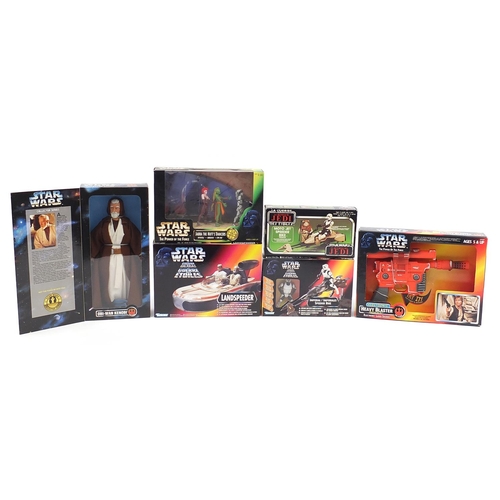303 - Vintage and later Star Wars action sets with boxes including OB1 Kenobi action figure, Landspeeder a... 