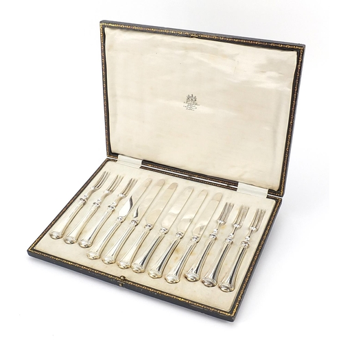 840 - John Sanderson, set of six silver handled knives and forks with steel blades housed in a Weir & Sons... 