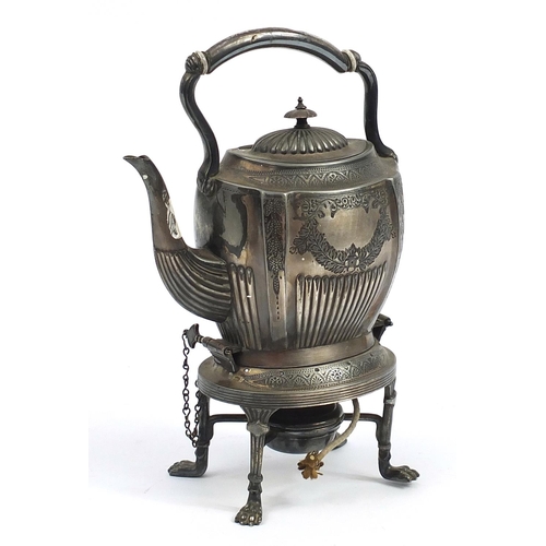 2173 - Victorian silver plated teapot on stand with burner and paw feet, 31.5cm high