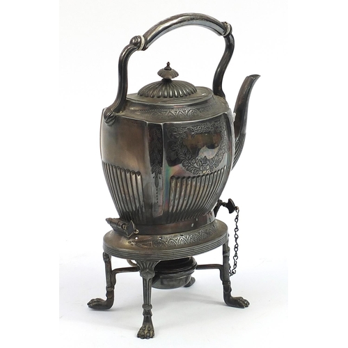 2173 - Victorian silver plated teapot on stand with burner and paw feet, 31.5cm high