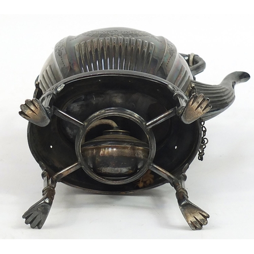 2173 - Victorian silver plated teapot on stand with burner and paw feet, 31.5cm high