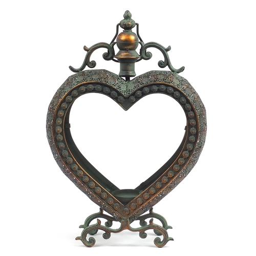 2198 - Bronzed metal love heart table lantern, 60cm high