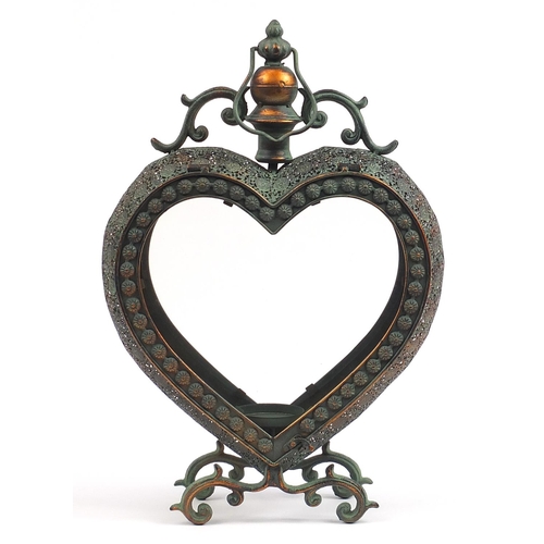 2198 - Bronzed metal love heart table lantern, 60cm high