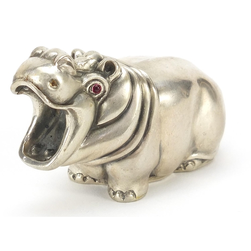 845 - Silver hippopotamus with ruby eyes, impressed Russian marks, 7cm in length, 73.5g