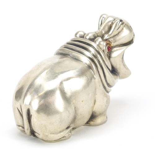 845 - Silver hippopotamus with ruby eyes, impressed Russian marks, 7cm in length, 73.5g