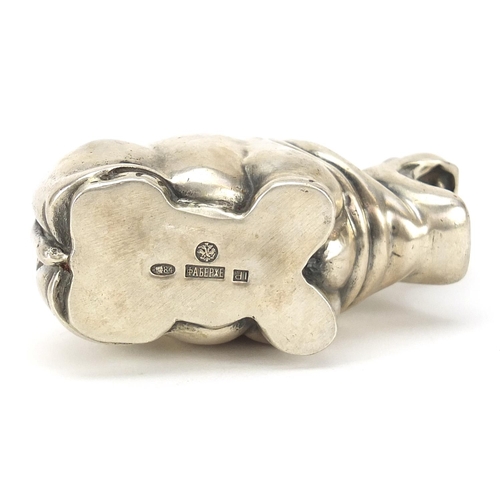 845 - Silver hippopotamus with ruby eyes, impressed Russian marks, 7cm in length, 73.5g