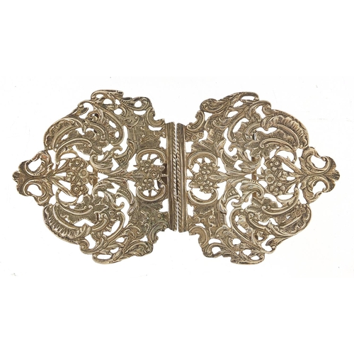 844 - William Neale, Victorian silver two piece nurses buckle, pierced and embossed with flowers and folia... 