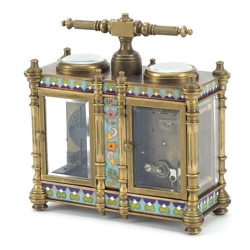 118 - Champleve enamel brass cased travelling time piece with clock and barometer, 13cm wide