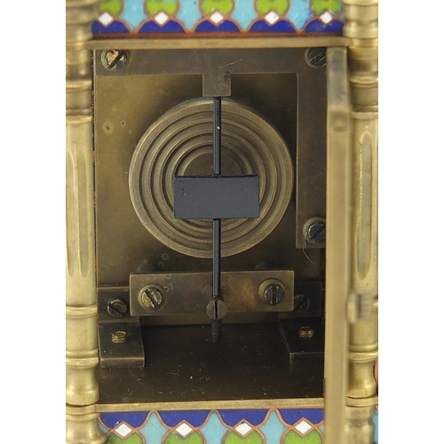 118 - Champleve enamel brass cased travelling time piece with clock and barometer, 13cm wide