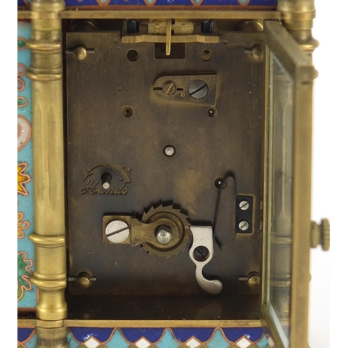 118 - Champleve enamel brass cased travelling time piece with clock and barometer, 13cm wide