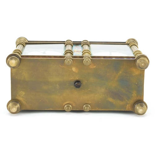 118 - Champleve enamel brass cased travelling time piece with clock and barometer, 13cm wide
