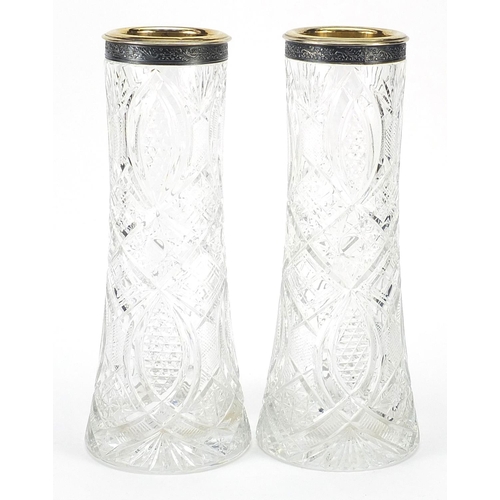 151 - Russian cut vases with silver collars, impressed Russian marks 2MO 875 with hammer and sickle, 28.5c... 