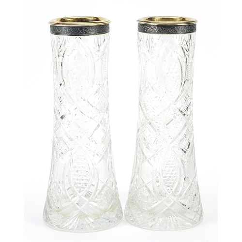 151 - Russian cut vases with silver collars, impressed Russian marks 2MO 875 with hammer and sickle, 28.5c... 