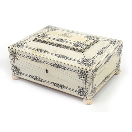 25 - Good Anglo Indian sandalwood, ivory and penwork sarcophagus shaped sewing box with fitted lift out i... 
