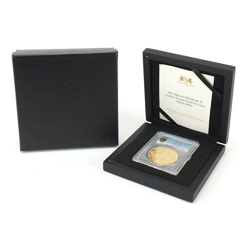 1 - Queen Elizabeth II 2021 Gothic crown five pound gold coin housed in a PCGS PR70 capsule with certifi... 