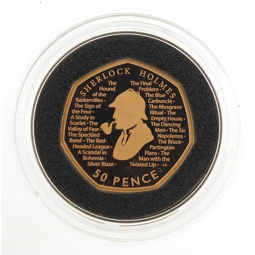 11 - Elizabeth II 2019 Celebration of Sherlock Holmes gold proof fifty pence coin with box and certificat... 