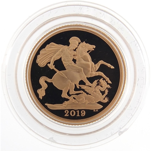 22 - Elizabeth II 2019 gold proof sovereign with box and certificate, 7116/9500  - this lot is sold witho... 