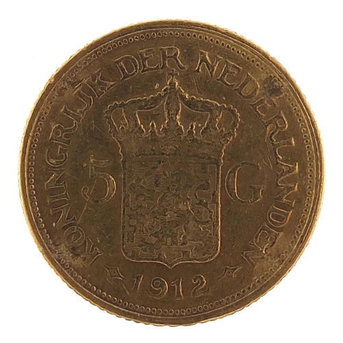 47 - Dutch 1912 five gulden gold coin, 3.4g - this lot is sold without buyer’s premium, the hammer price ... 