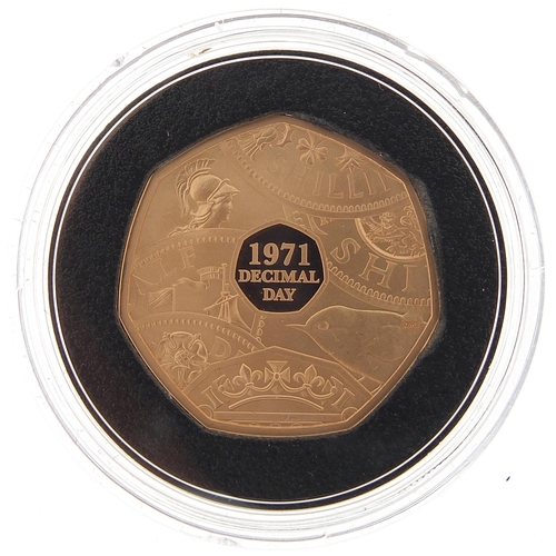 54 - Elizabeth II 2021 Fiftieth Anniversary of Decimal Day fifty pence gold proof coin with box and certi... 