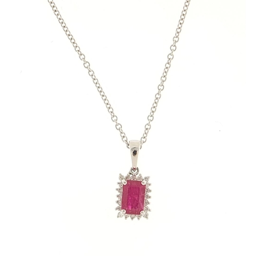 109 - 9ct white gold ruby and diamond cluster pendant on a 9ct white gold necklace, 1.5cm high and 42cm in... 