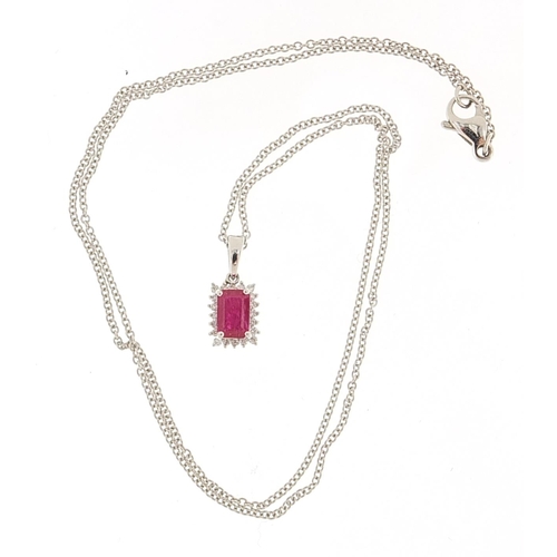 109 - 9ct white gold ruby and diamond cluster pendant on a 9ct white gold necklace, 1.5cm high and 42cm in... 