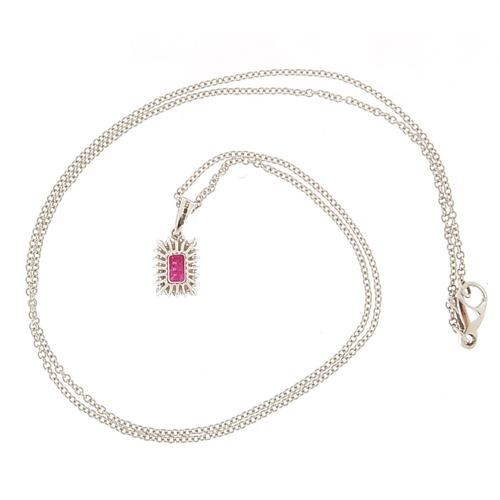 109 - 9ct white gold ruby and diamond cluster pendant on a 9ct white gold necklace, 1.5cm high and 42cm in... 