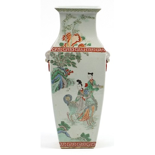 934 - Chinese porcelain vase with animalia ring turned handles hand painted in the famille verte palette w... 