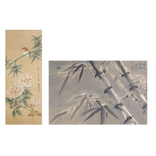 13 - Bamboo groves and bird of paradise amongst flowers, two Chinese watercolours on silks, each with cha... 