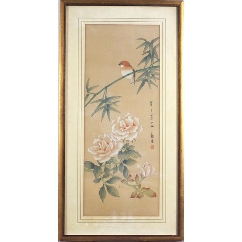 13 - Bamboo groves and bird of paradise amongst flowers, two Chinese watercolours on silks, each with cha... 
