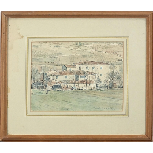 31 - Nicholas Cochrane - Buildings before hills, 20th century watercolour, mounted, framed and glazed, 20... 