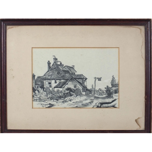 19 - E Brown 1915 - House beside a path, early 20th century heightened pencil sketch, Wilfrid Coates labe... 