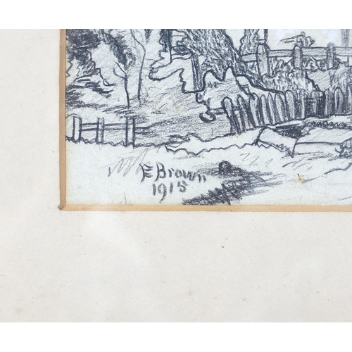 19 - E Brown 1915 - House beside a path, early 20th century heightened pencil sketch, Wilfrid Coates labe... 