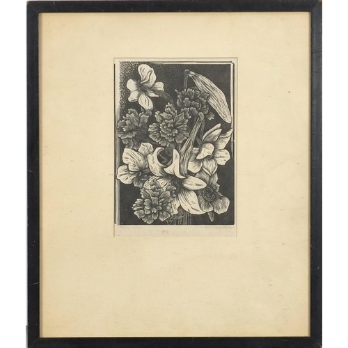 32 - Bouquet of flowers, etching, indistinctly signed, possibly ... Hughes-Stanton?, limited edition 1/20... 