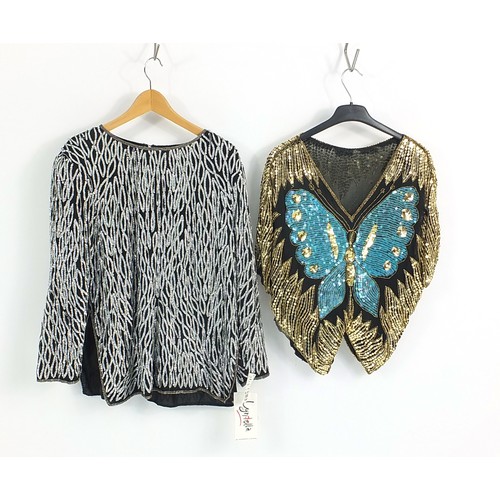 261 - Two ladies sequinned tops including a butterfly example, size 16