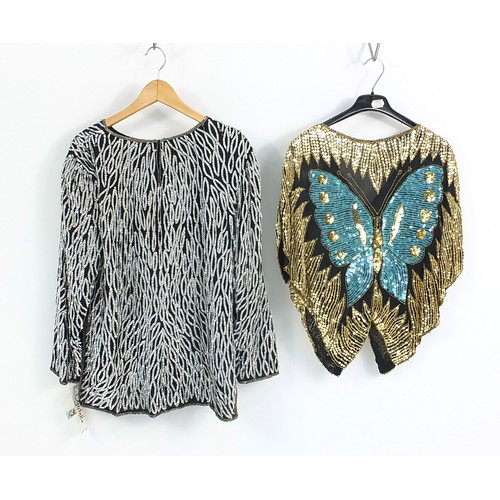 261 - Two ladies sequinned tops including a butterfly example, size 16