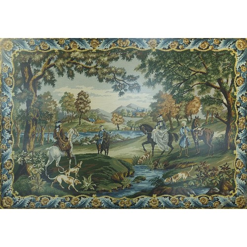 292 - Large gilt framed needlepoint tapestry of figures in Georgian dress on horseback with hounds, 130cm ... 