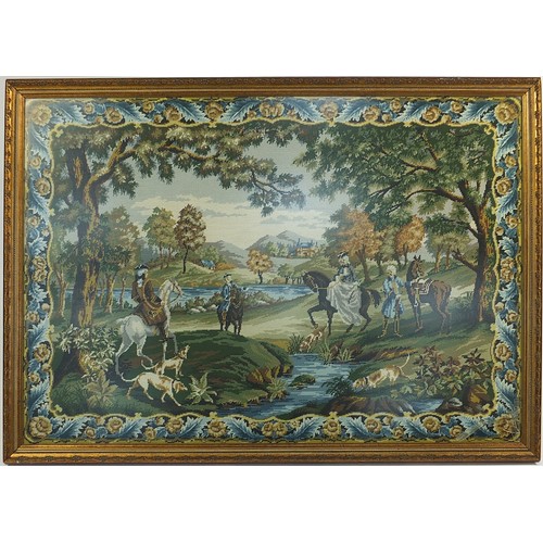 292 - Large gilt framed needlepoint tapestry of figures in Georgian dress on horseback with hounds, 130cm ... 