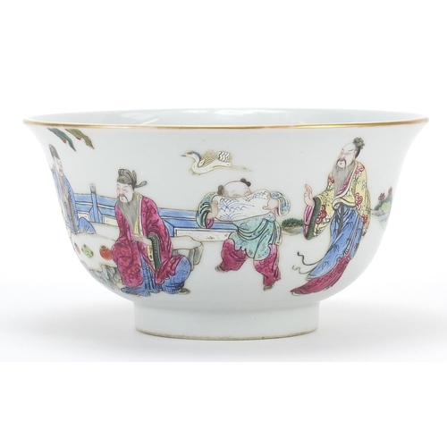 973 - Chinese porcelain bowl hand painted in the famille rose palette with figures in a palace setting, si... 