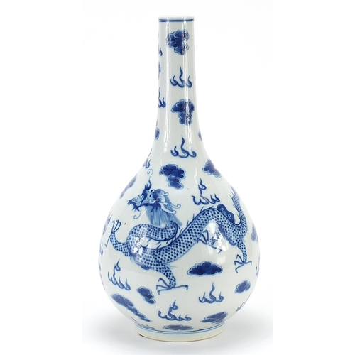 925 - Large Chinese blue and white porcelain vase hand painted with two dragons chasing a flaming pearl am... 