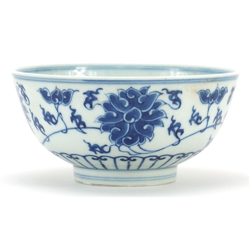 932 - Chinese blue and white porcelain bowl hand painted with flowers, six figure character marks to the b... 