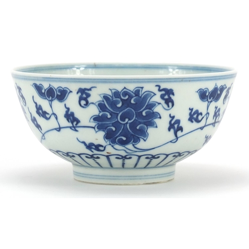 932 - Chinese blue and white porcelain bowl hand painted with flowers, six figure character marks to the b... 