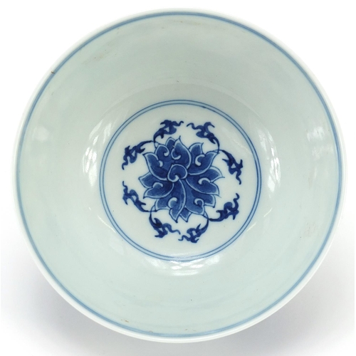 932 - Chinese blue and white porcelain bowl hand painted with flowers, six figure character marks to the b... 