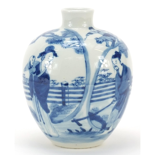 899 - Chinese blue and white porcelain vase hand painted with figures in a garden, blue ring marks to the ... 