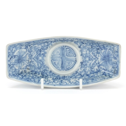 1061 - Chinese blue and white porcelain dish hand painted with flowers, six figure character marks to the r... 