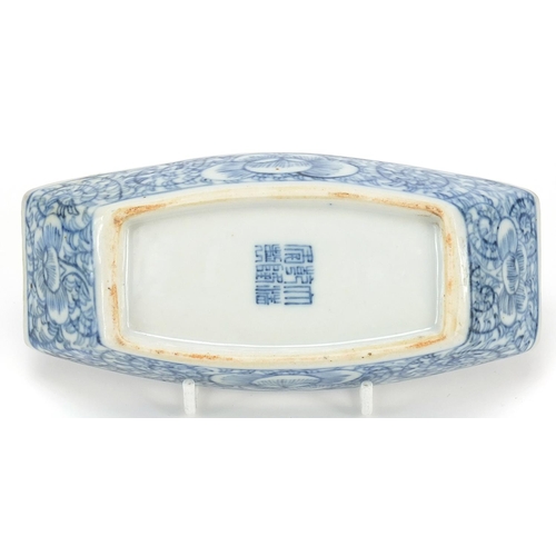 1061 - Chinese blue and white porcelain dish hand painted with flowers, six figure character marks to the r... 